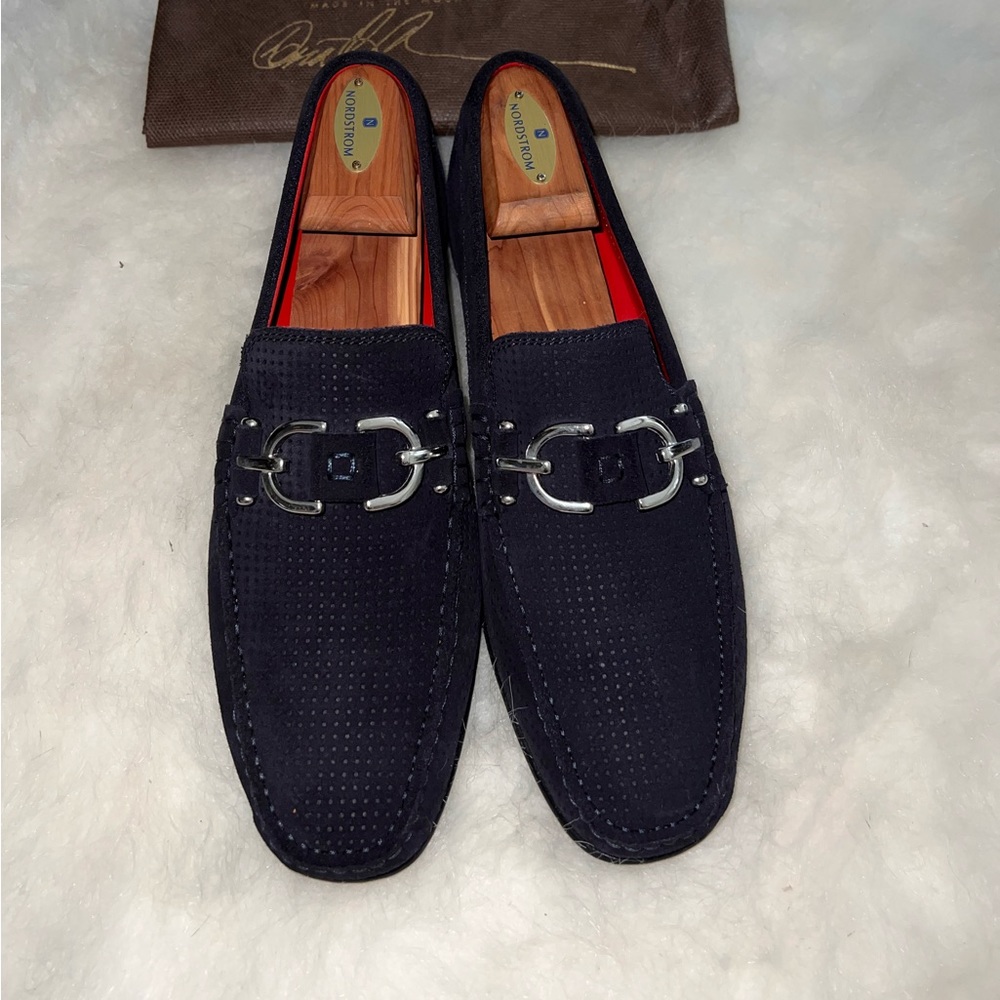 Donald Pliner perforated suede loafers with silver buckle size 9 1/2.